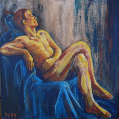 Acrylgemälde einer männlichen sitzenden Figur in einem Sessel auf einem blauen Tuch  